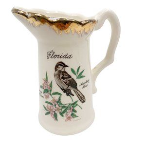 Vintage Florida Souvenir Creamer Mocking Bird Orange Blossom Flowers White Gold